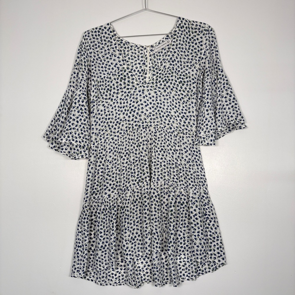 Faithfull The Brand Womens Dress Sz M White Blue Floral Tiered Bell Sleeve Mini